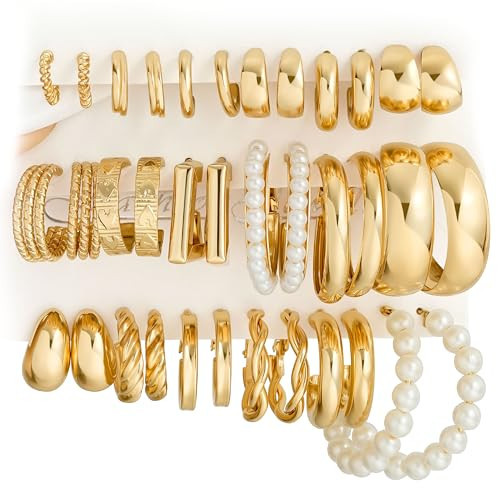 Gold Hoop Earrings Set for Women, 18 Pairs Hypoallergenic Open Pearl Hoops Earring pack, Gold Statement Hoop Earrings for Women Trendy Jewelry | Amazon (US)