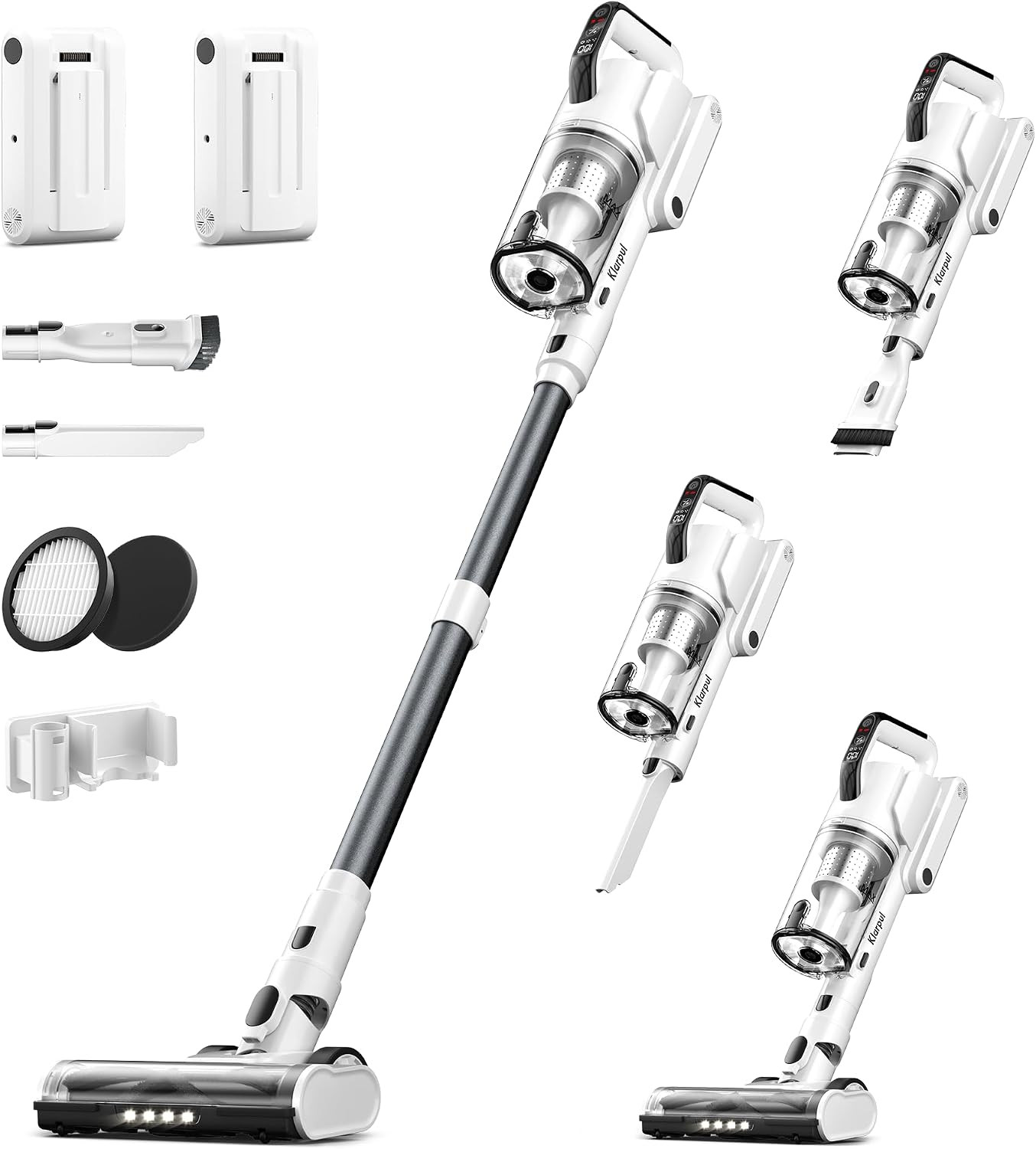 Klarpul Cordless Vacuum Cleaner, 2 Batteries 140 Mins Runtime 600W 50Kpa Stick Vacuum Cordless, Self-Standing Vacuum Cleaners for Home with 2.5H Fast Charging, for Floor/Carpet/Pet Hair, White | Amazon (US)