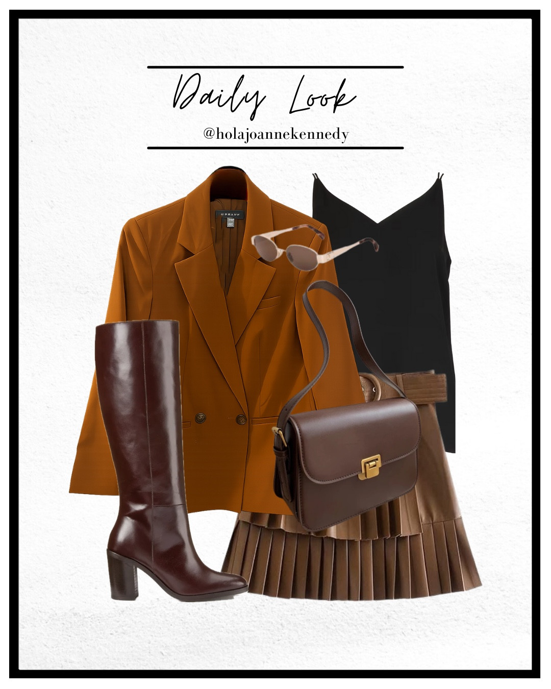 Autumn fashion, tonal dressing, chic autumn outfits, capsule wardrobe, UK fashion inspo, fall style, pumpkin spice outfit vibes. brown leather pleated mini skirt, cognac colour blazer, maroon leather knee high boots and matching maroon cross body bag, celine style sunglasses 

#LTKautumn #LTKeurope #LTKuk