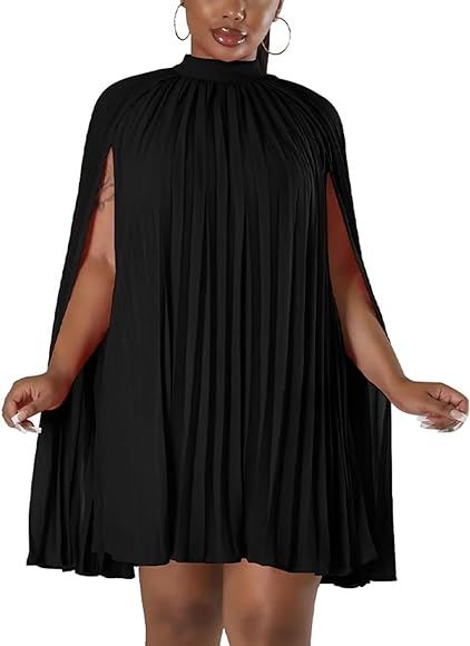 Women’s Casual Cape Sleeve Pleated Split Short Dress Loose Fit Cocktail Party Flowy Dress | Amazon (US)