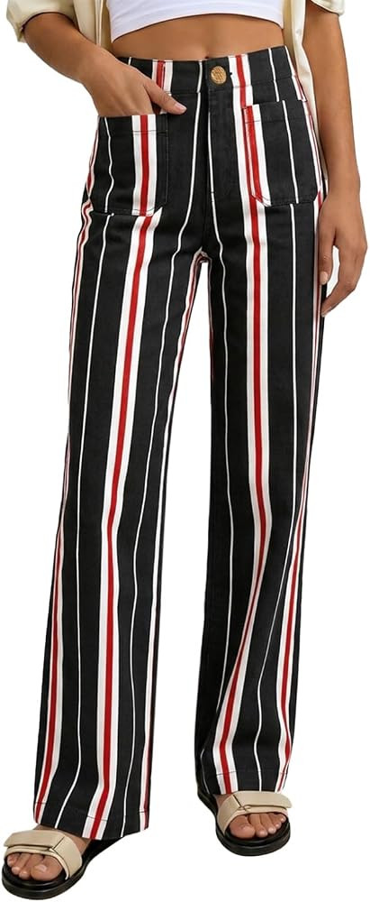 Tankaneo Women's High Waisted Striped Jeans Stretchy Cotton Denim Pants | Amazon (US)