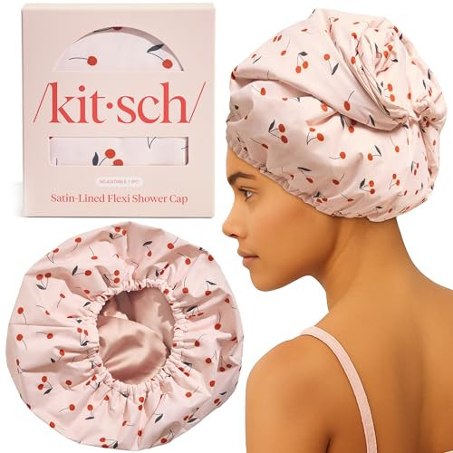 Kitsch Luxury Shower Caps for Women Reusable Waterproof - Flexi Satin Lined, Large Shower Cap for Men, Non-slip, Quick-dry, Adjustable, Stylish Hair Cap for Long & Short Hair - Cherry Print | Amazon (US)