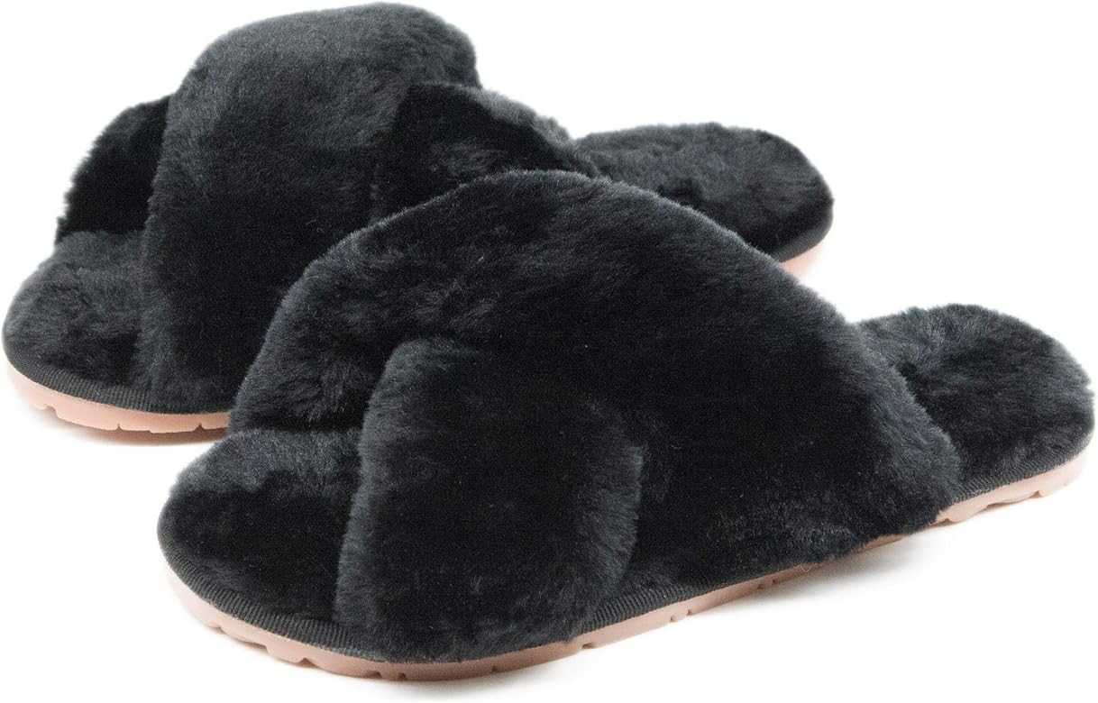 Women's Fuzzy Fluffy Furry Fur Slippers Flip Flop Open Toe Cozy House Memory Foam Sandals Slides Sof | Amazon (US)