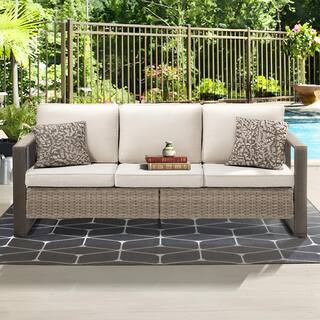 JOYSIDE 3-Seat Wicker Outdoor Patio Sofa Steel Frame Sectional Couch with Beige Cushions M25-BGE-... | The Home Depot