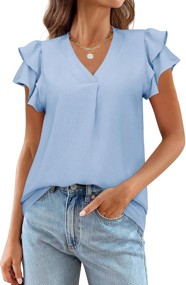 MEROKEETY Women's 2024 Summer V Neck Ruffle Short Sleeve Blouse Business Casual Top Shirts | Amazon (US)