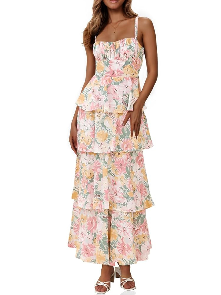 Wenrine Womens Summer Floral Maxi Dresses Sleeveless Spaghetti Strap Tie Back Ruffle Tiered Flowy... | Amazon (US)