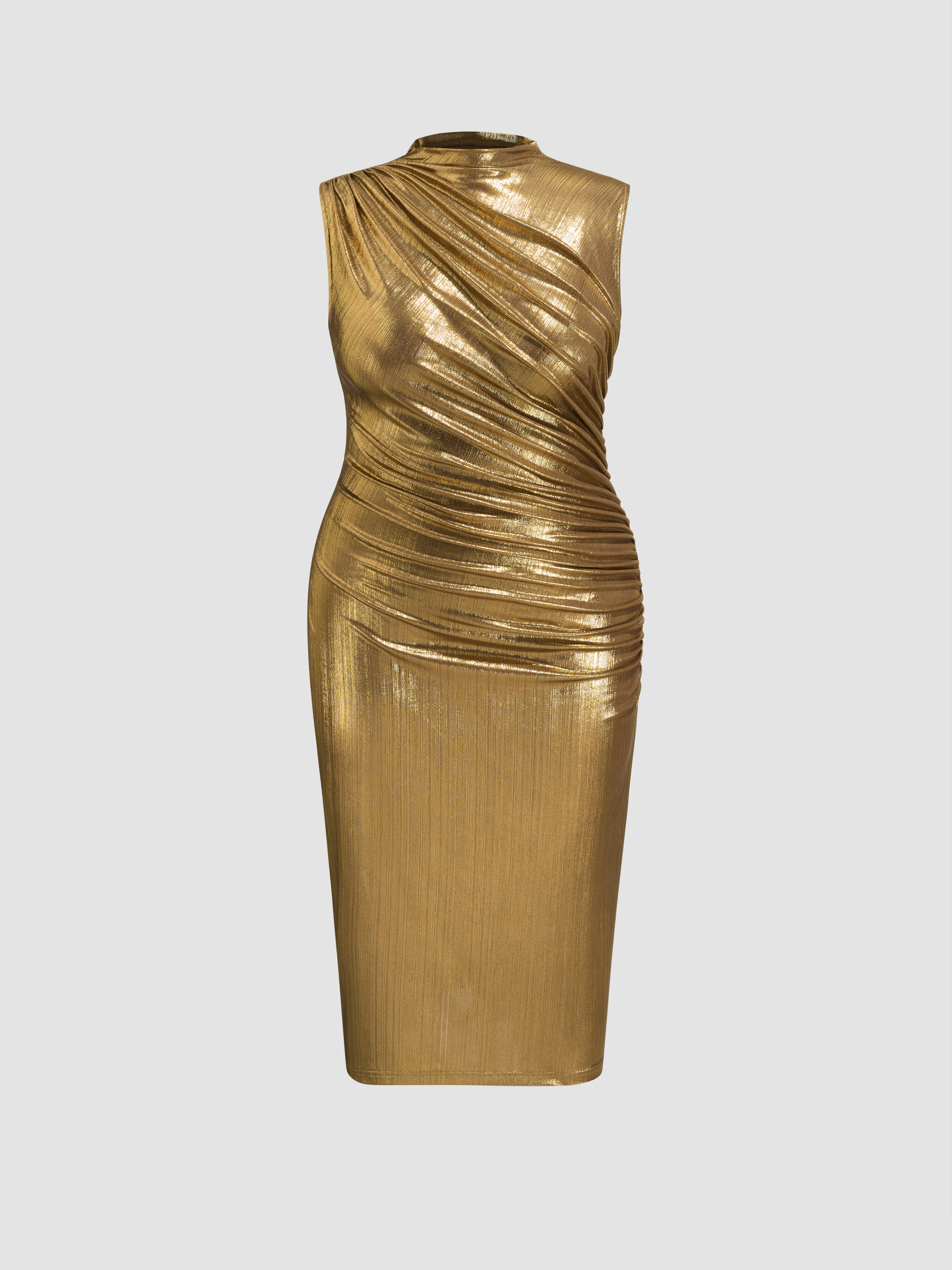 Metallic Metallic Stand Collar Solid Ruched Midi Dress Curve & Plus For Wedding Exhibition | Cider