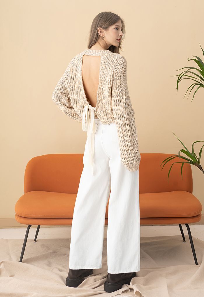 Self-Tie Open Back Rib Knit Sweater | Chicwish