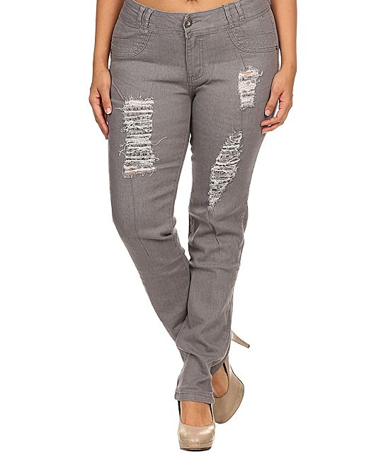 MK Couture Women's Denim Pants and Jeans Gray - Gray Distressed Skinny Jeans - Women | Zulily