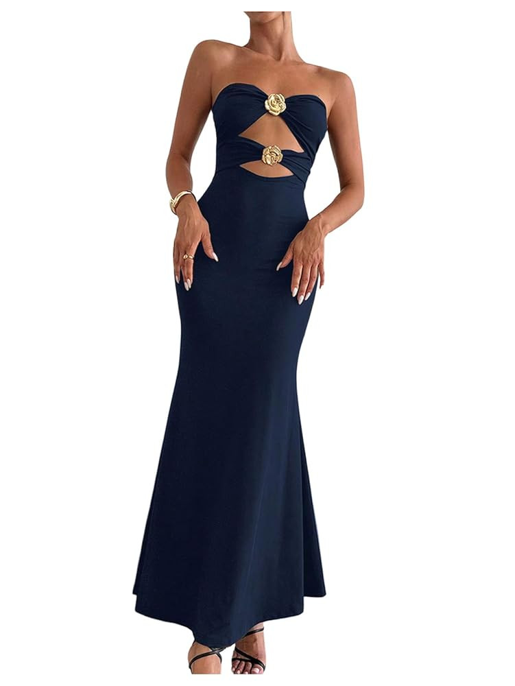 Milumia Women's Metal Decor Cut Out Strapless Bodycon Maxi Dress Fishtail Tube Top Dresses Party ... | Amazon (US)