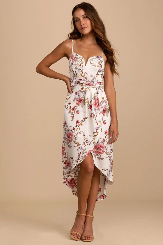 My Favorite Day Ivory Floral Print Tulip Skirt Midi Dress | Lulus