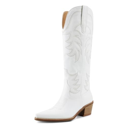 VOZTOLLS Cowgirl Boots Women Cowboy Knee High Tall Boots Chunky Block Heel Pointed Toe Pull-On Western Boats with Classic Embroidered for Country Fashion Party White Size 9.5 | Amazon (US)