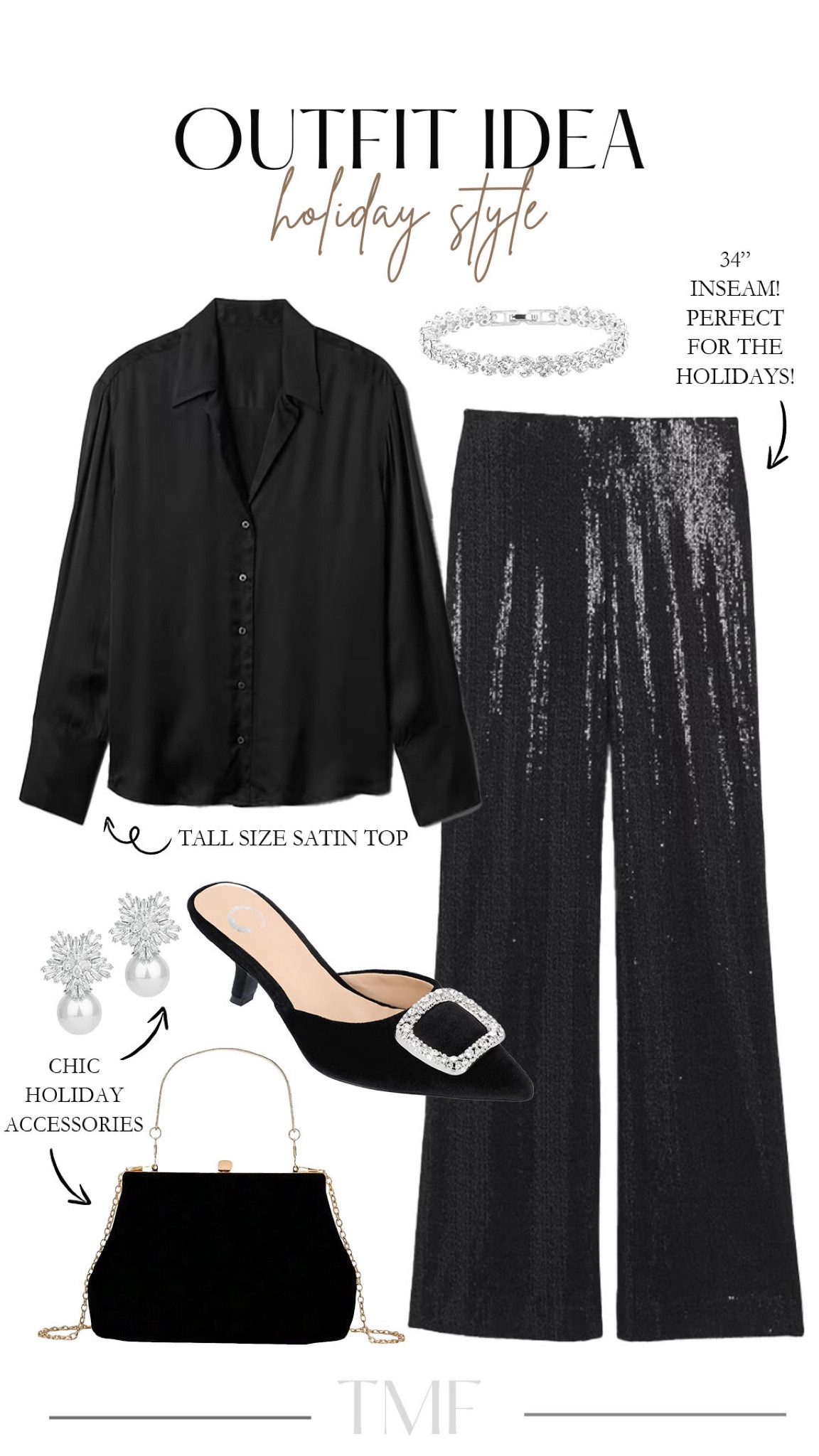 The perfect holiday outfit idea! 

#holidaystyle

Long length sequin pants. Tall size satin button down shirt. Black holiday outfit. Black holiday heels. Chic holiday handbag. Silver crystal bracelet. Holiday earrings  

#LTKHoliday #LTKStyleTip #LTKFindsUnder100