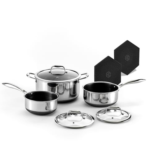 HexClad Hybrid Nonstick 6-Piece Pot Set with 2 Silicone Trivets, 2, 3, and 8-Quart Pots with Tempered Glass Lids, Stay-Cool Handles, Dishwasher-Friendly, Induction Ready, Compatible with All Cooktops | Amazon (US)