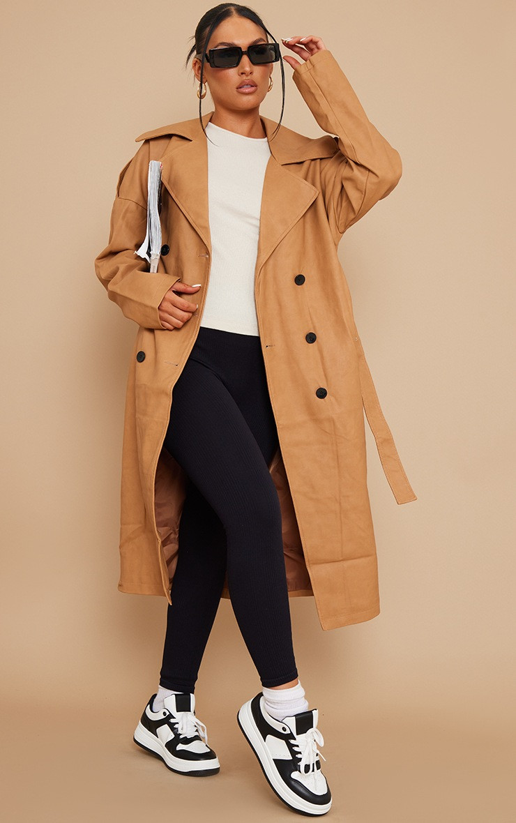 Camel Faux Leather Drop Arm Midi Trench | PrettyLittleThing US