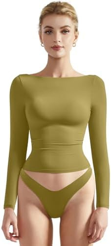 SUUKSESS Women Crew Neck Long Sleeve T Shirts Double Lined Tight Fitted Crop Top | Amazon (US)