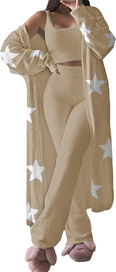 Fixmatti Women's Fuzzy 3 Piece Sweatsuit Open Front Cardigan Crop Tank Tops Wide Legs Pants Loung... | Amazon (US)