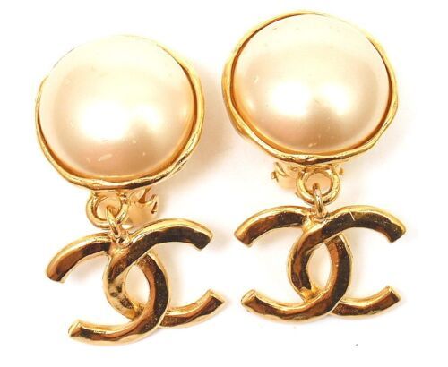 Details about   AUTHENTIC CHANEL GOLD TONE LARGE CC LOGO LARGE PEARL CLIP-ON EARRINGS | eBay US