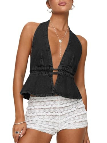 Sastianaen Denim Vest Top for Women Sexy Deep V Neck Halter Backless Tie Up Jean Vest Top Slim Fit Going Out Streetwear(Black,S) | Amazon (US)