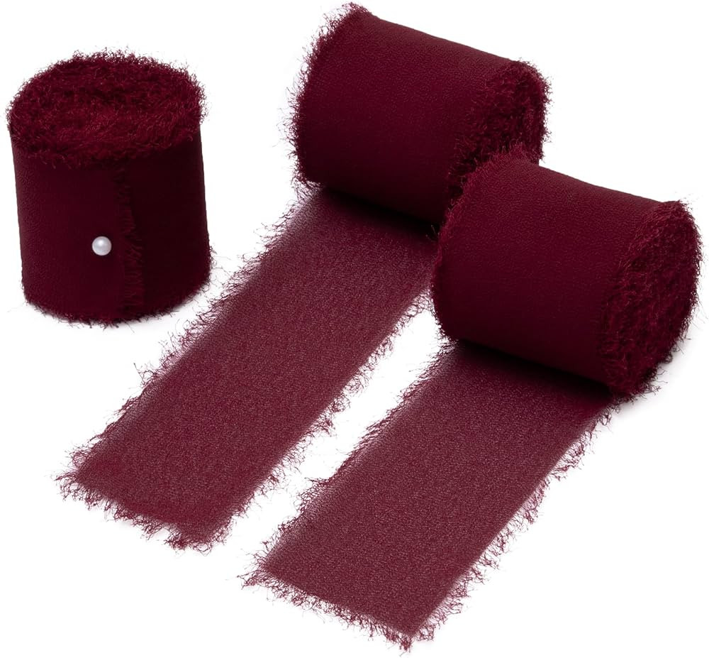 DORIS HOME 3 Rolls 2"x7Yd Fringe Chiffon Ribbon for Flower Bouquet, Handmade Burgundy Ribbon for ... | Amazon (US)