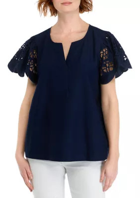 Women's Solid Embroidered Sleeve Top | Belk