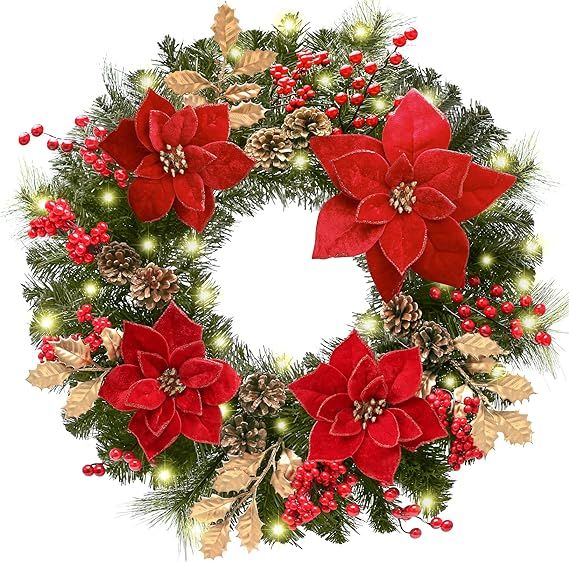 Christmas Wreath,24” Christmas Wreaths for Front Door,Pre-Lit Artificial Christmas Decorations ... | Amazon (US)