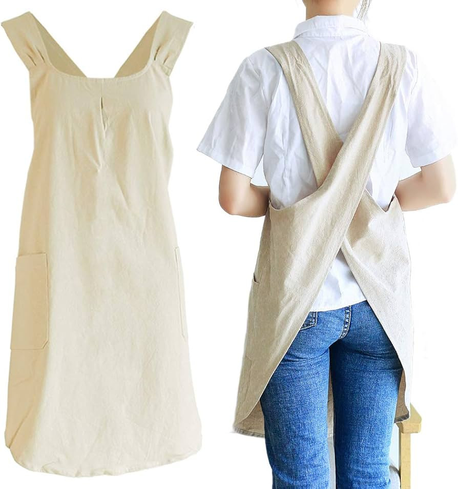 NEWGEM Japanese Linen Cross Back Kitchen Cooking Aprons for Women with Pockets Cute for Baking Pa... | Amazon (US)