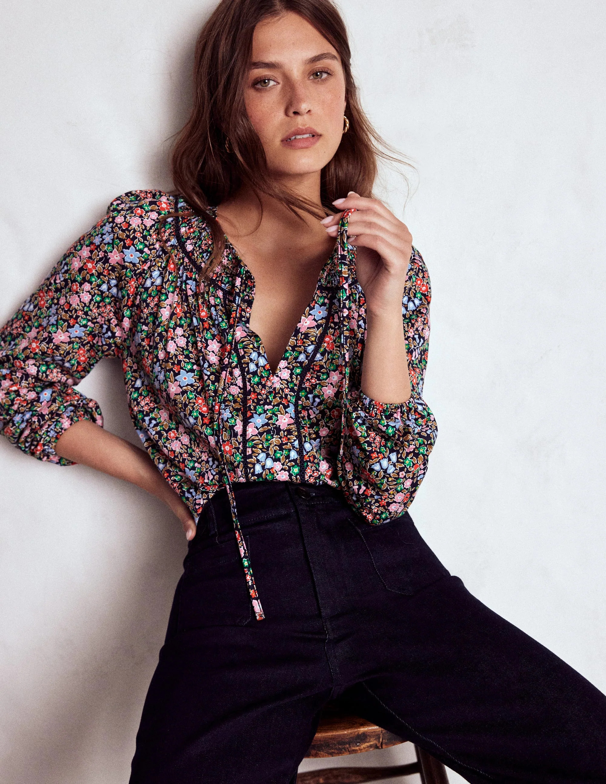 Georgia Smocked Jersey Top-Navy and Multi, Flowerbed | Boden (US)