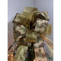 Rustic Christmas Tree Topper Bow Gold Sheer & Burlap Ribbon, Pinecones | Etsy (US)