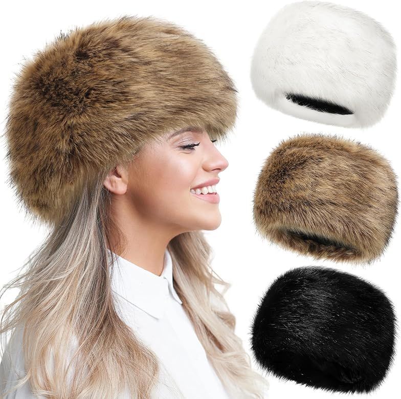 Liitrsh 3 Pack Women's Faux Fur Hat with Stretch Cossack Russian Style Warm Ski Hat for Winter | Amazon (US)