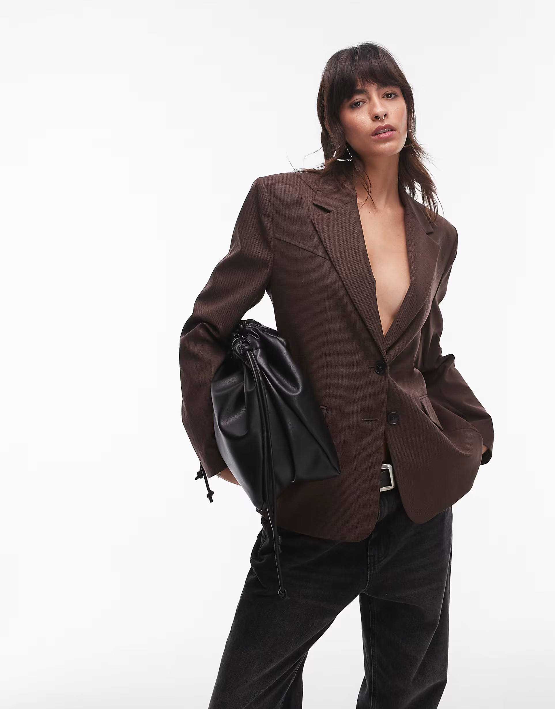 Mango mini check blazer in dark brown | ASOS (Global)