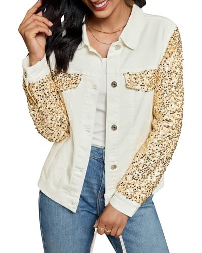 luvamia Ladies Jean Jacket Country Concert Outfits for Women Sparkly Sequin Jackets for Woman White Jean Jacket Women Stretch Soft Cream White and Gold Size Small Fits Size 4-6 | Amazon (US)