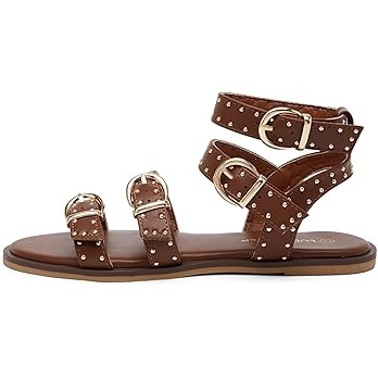 LUCKY STEP Women's Rhinestone Buckle Flat Sandals Open Toe Gladiator Casual Shoes Ankle Strap Sum... | Amazon (US)