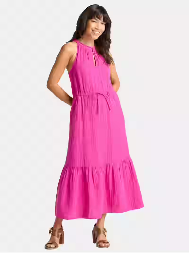 Time and Tru Women's Cotton Double Cloth Tiered Midi Dress, Sizes XS-XXXL | Walmart (US)