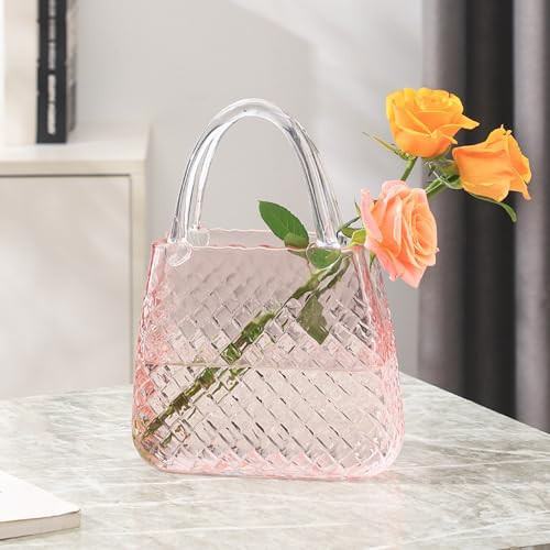 PORPAN Purse Vase, Glass Bag Vase, Glass Purse Vase for Flowers, Pink Vases, 12 Inch Large Flower Vase with Embossed Pattern for Wedding, Living Room, Bedroom, Table, Office(Round) | Amazon (US)