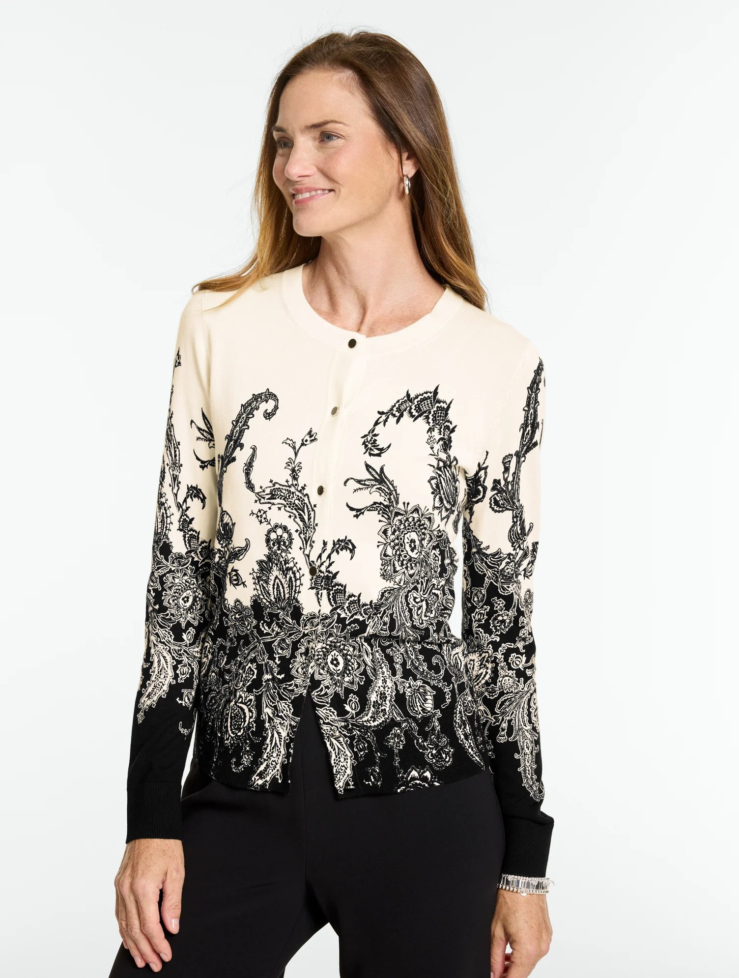 Occasion Crewneck Cardigan Sweater - Exquisite Paisley - Black/Ivory - Small Talbots | Talbots