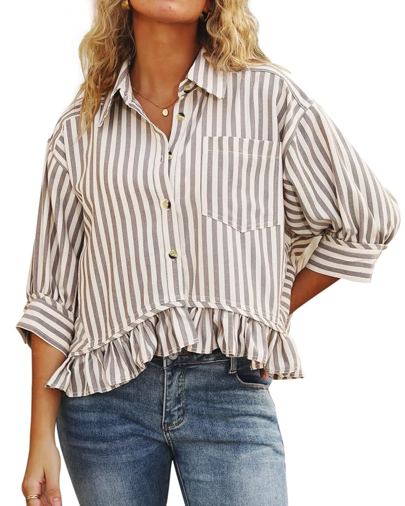 CHYRII Womens Summer Tops Dressy Casual Blouse Top Ruffled Short Sleeve Button Down Striped Shirt | Amazon (US)