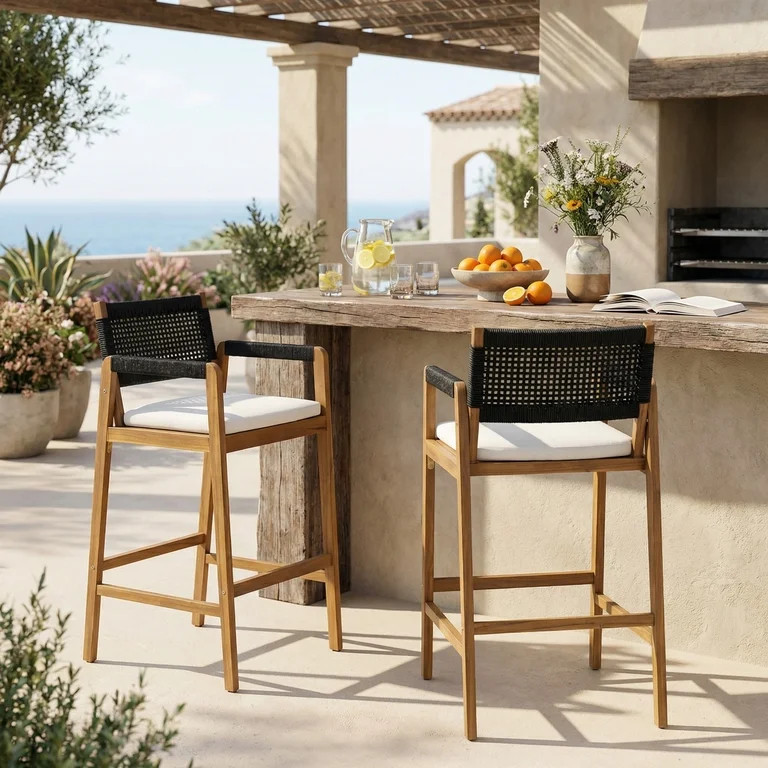 Christopher Knight Home Outdoor Counter Height Bar Stools with Rope Back and Cushions, Black, Set... | Walmart (US)
