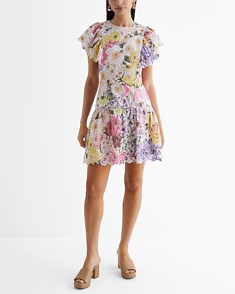 Floral Eyelet Flutter Sleeve Mini Fit and Flare Dress | Express (Pmt Risk)