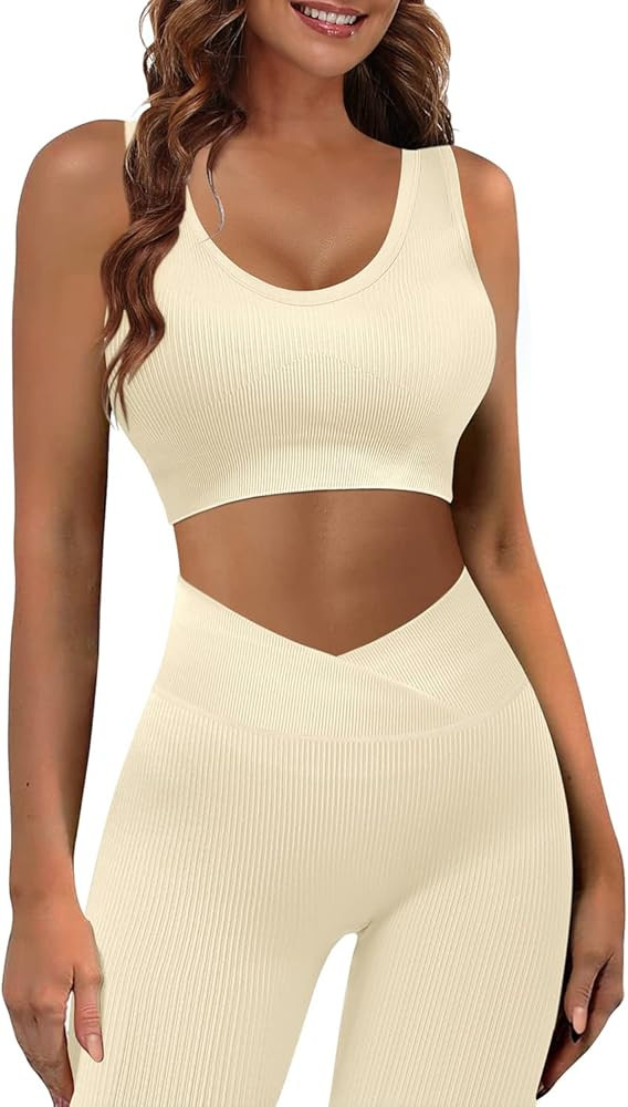 JZC Workout Outfits for Women 2 Piece Ribbed Seamless Yoga Leggings Exercise Sets | Amazon (US)