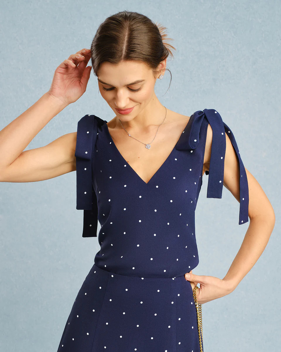 Navy V Neck Polka Dot Cami Top | rihoas.com