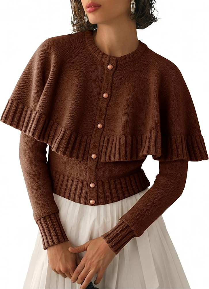 Saodimallsu Womens Cropped Cardigan Sweater Long Sleeve Fall Knit Cape Sweaters Button Up Trendy ... | Amazon (US)