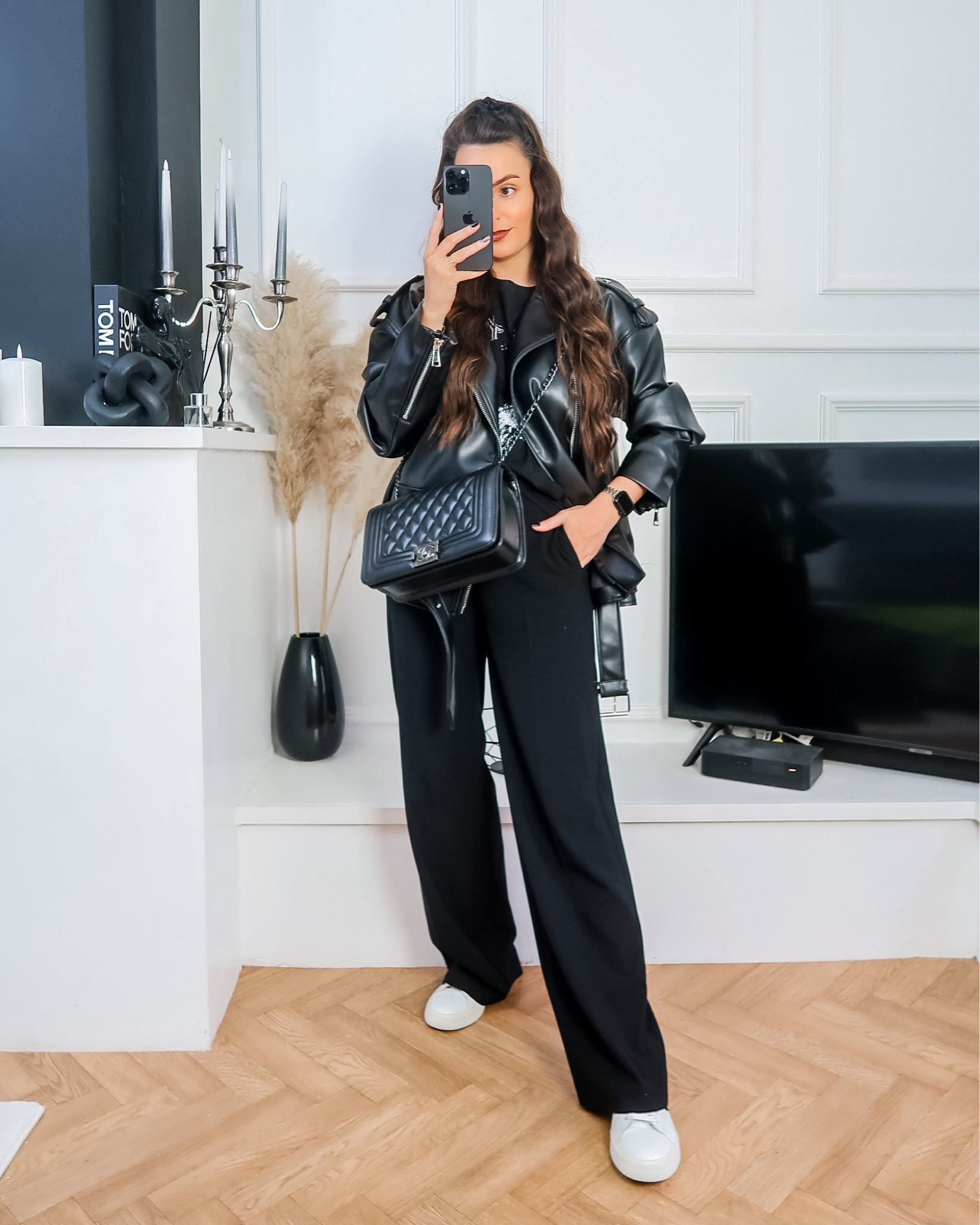 Simple outfit idea, leather jacket outfit, oversized leather jacket, black classic tailored trousers, black M&S trousers, black pants, veja trainers, black and white look, black and white outfit, Anine bing t shirt, eagle print t shirt, graphic tee outfit, graphic t shirt look 

#LTKstyletip #LTKeurope #LTKworkwear