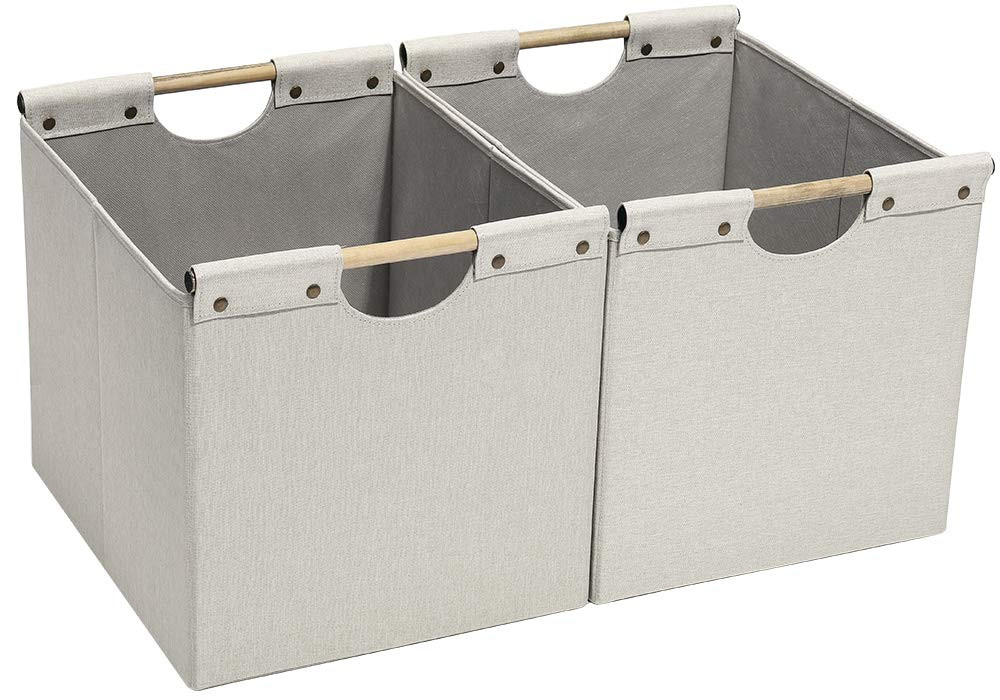 HOONEX Large Foldable Storage Bins, Linen Fabric, 2 Pack, with Wooden Carry Handles and Sturdy He... | Amazon (US)