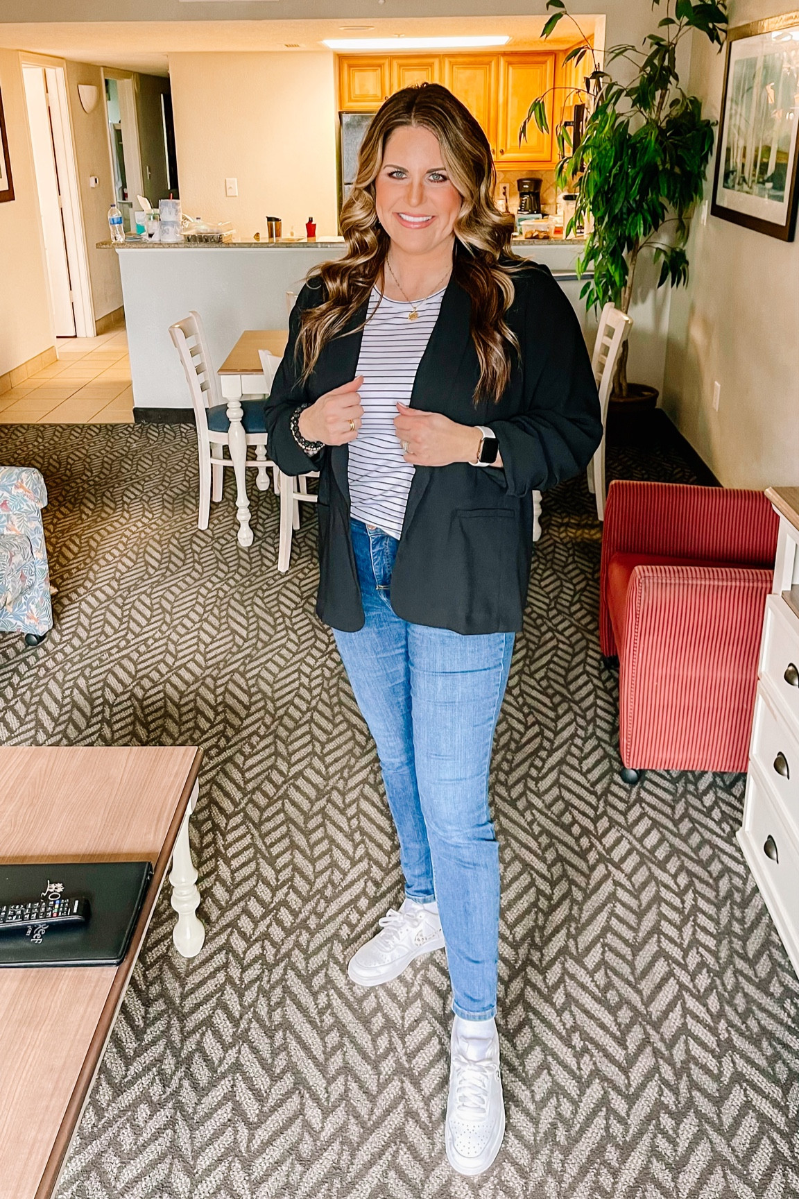 Fit check! This layered ensemble is perfect for tricky weather. The striped short sleeved shirt can be worn alone when it warms up! Blazer is very lightweight which I love. Fits TTS!

#LTKstyletip #LTKFind #LTKSeasonal