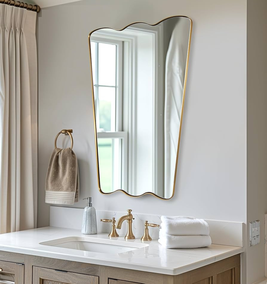 ANDY STAR 24x36 Inch Brushed Gold Scalloped Mirror, Antique Brass Irregular Bathroom Mirror -Butt... | Amazon (US)