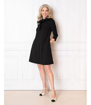 x Tanya Foster Deco Crepe Tie Mock Neck 3/4 Sleeve A-Line Dress | Dillard's