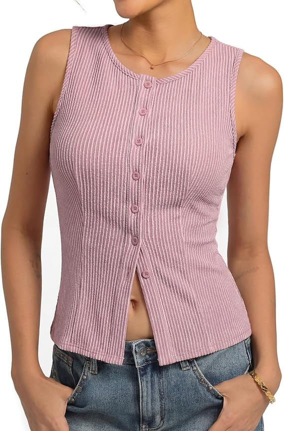 Kate Kasin Women Summer Going Out Tank Tops Y2K, Button Up Sleeveless Top, Ribbed Knit Sweater Ve... | Amazon (US)