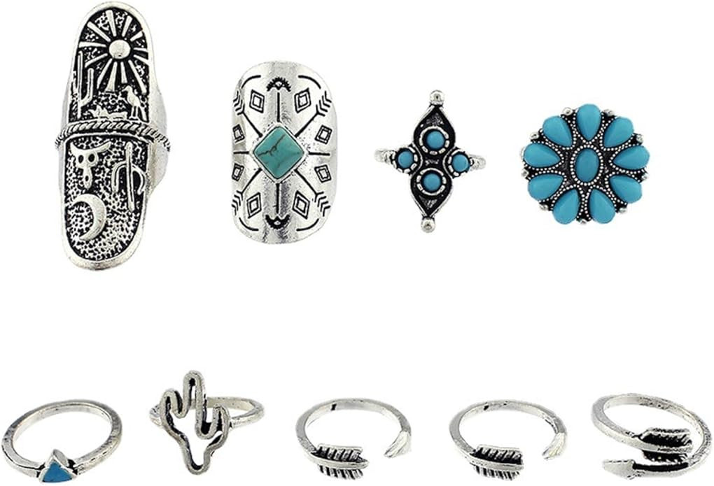 BOPOMOFO Boho Western Ring Set Silver Turquoise Cactus Arrow Flower Carved Retro Joint Knuckle Fi... | Amazon (US)