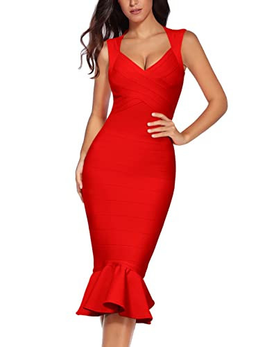Shoulder Strap Sleeveless Fishtail Midi Bandage Dress for Women Bodycon Club Party Evening Dresses (S, Red) | Amazon (US)